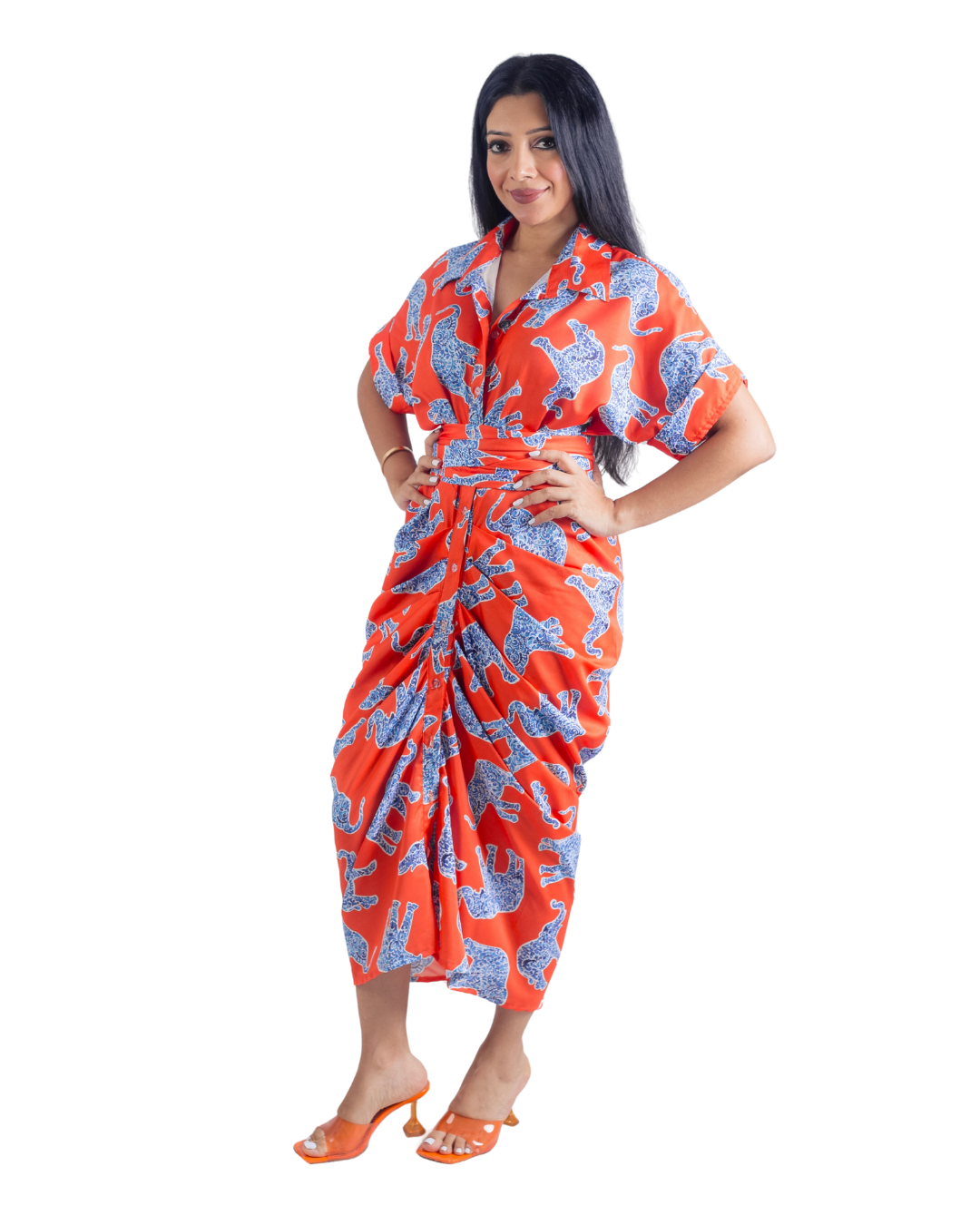 Elephant Print Orange Tie Up Dress