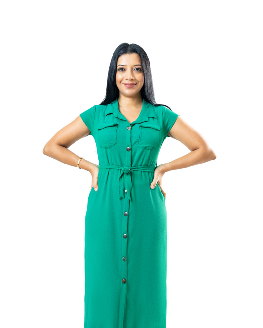 Green Button Down A Line Dress 