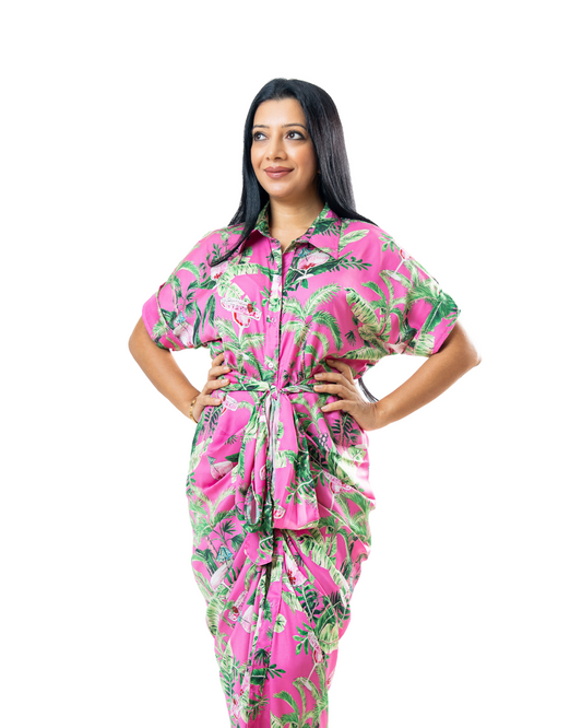 Printed Pink Tie Up Dress