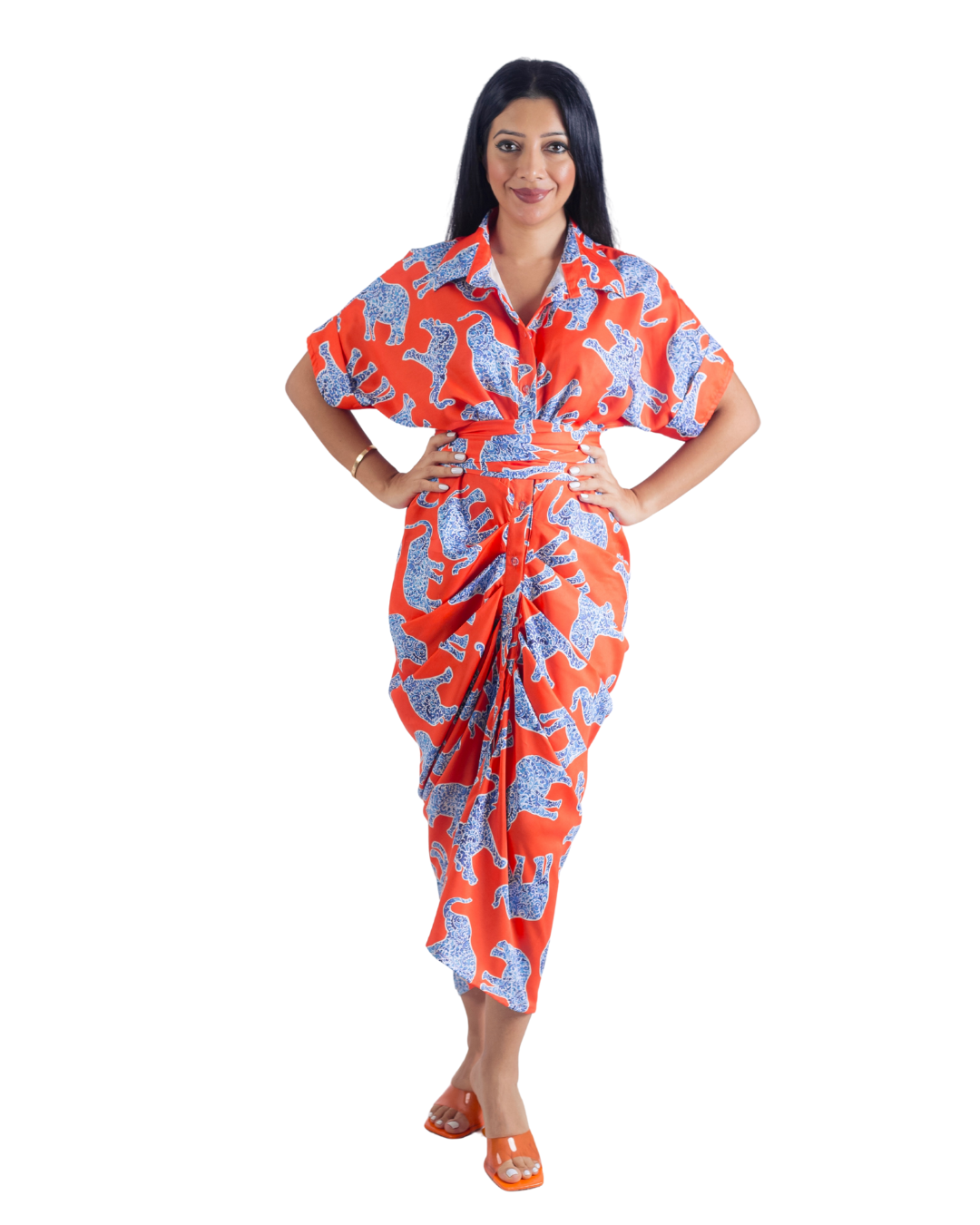 Elephant Print Orange Tie Up Dress