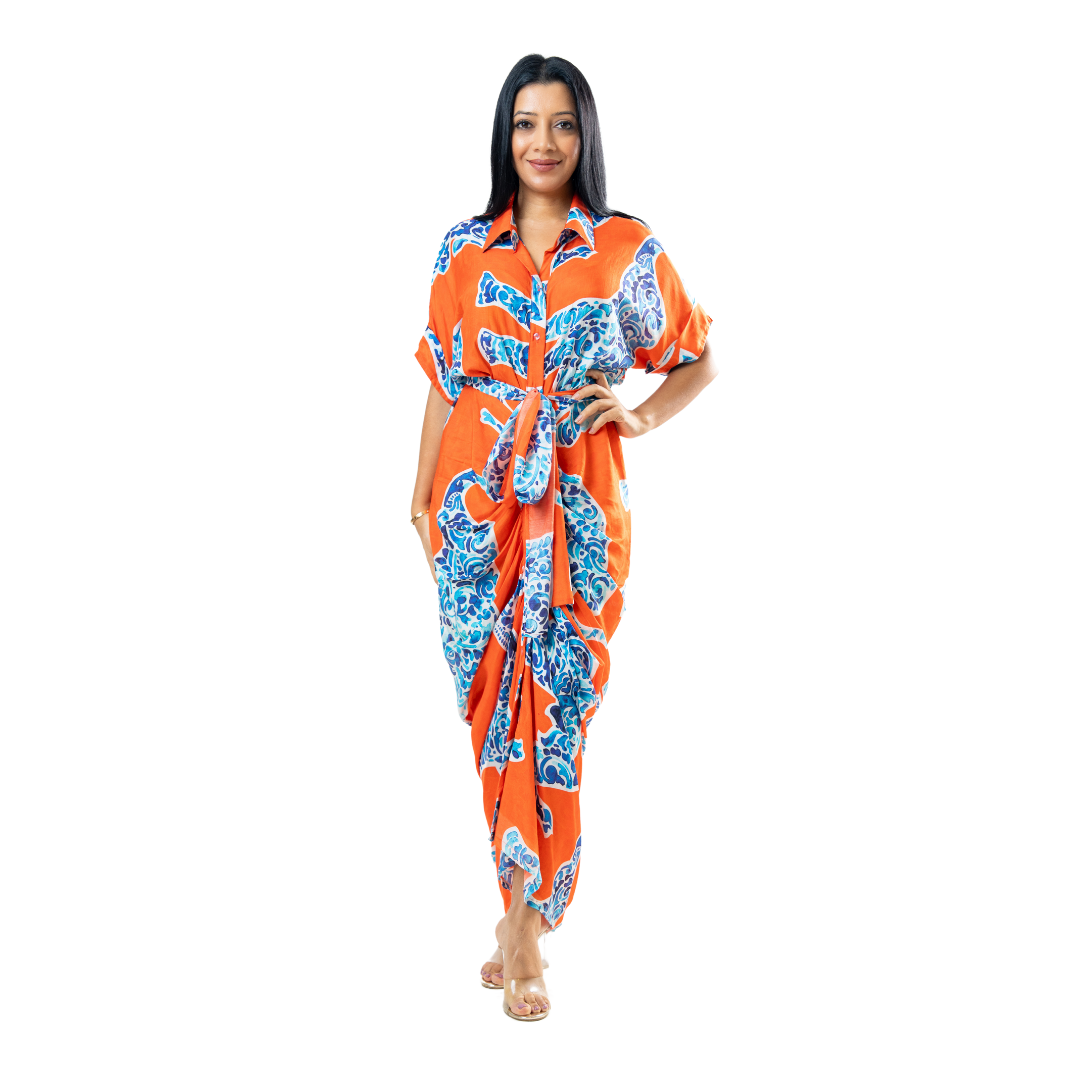 Tie up dress with blue elephant