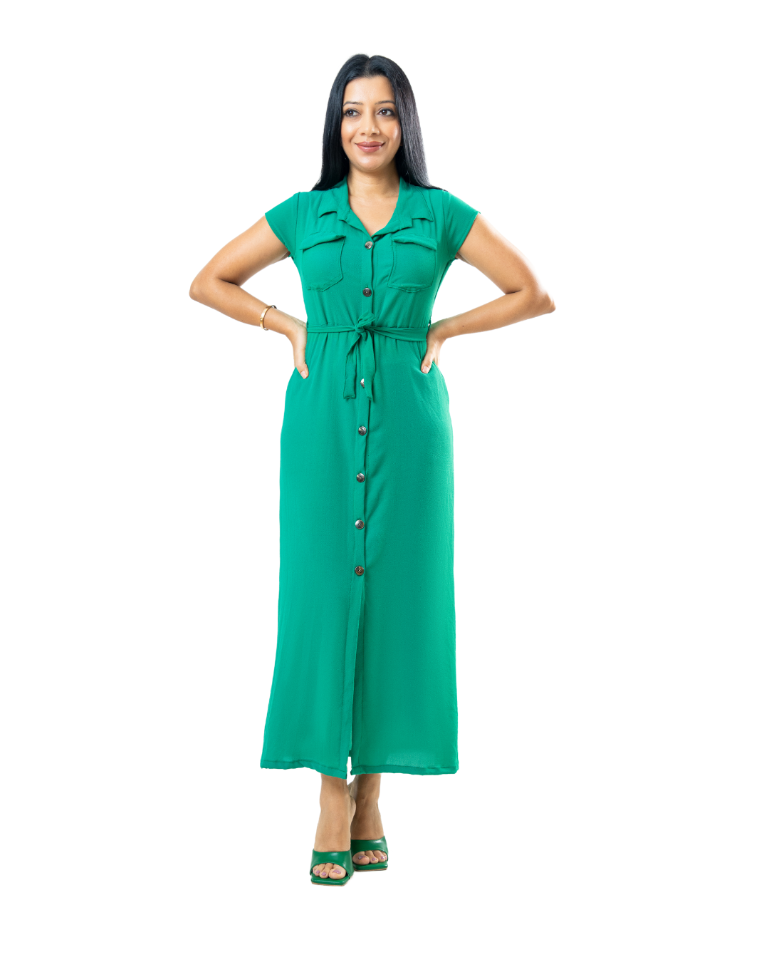 Green Button Down A Line Dress 