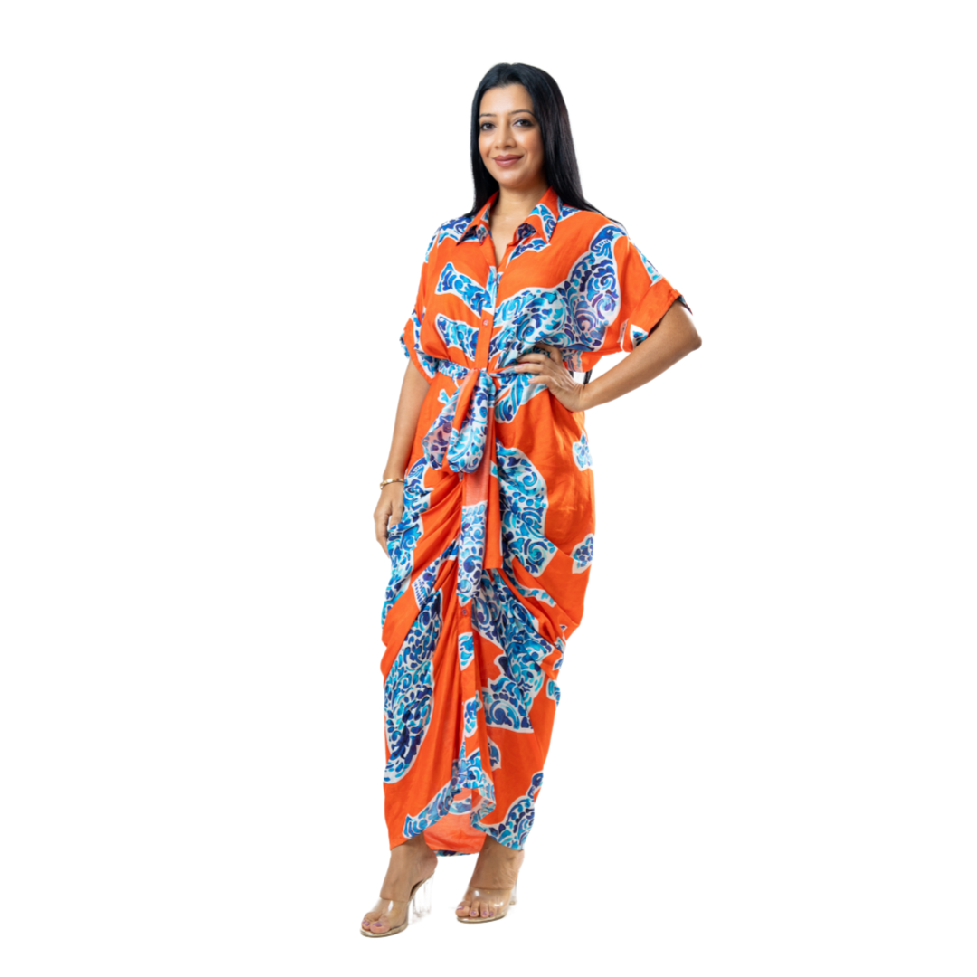 Tie up dress with blue elephant
