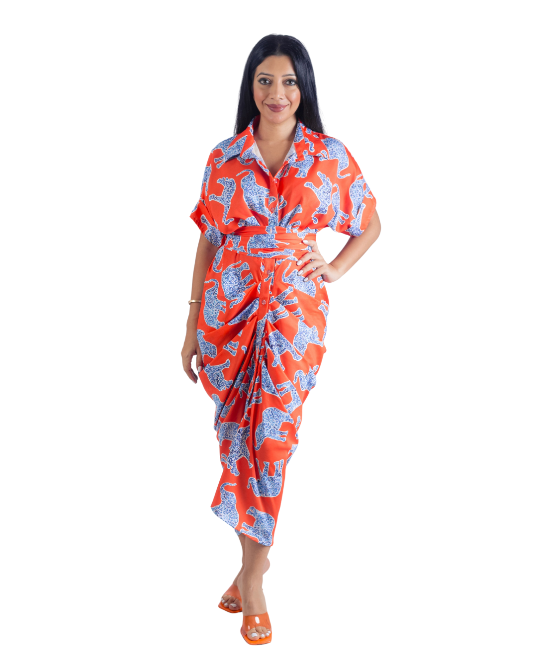 Elephant Print Orange Tie Up Dress