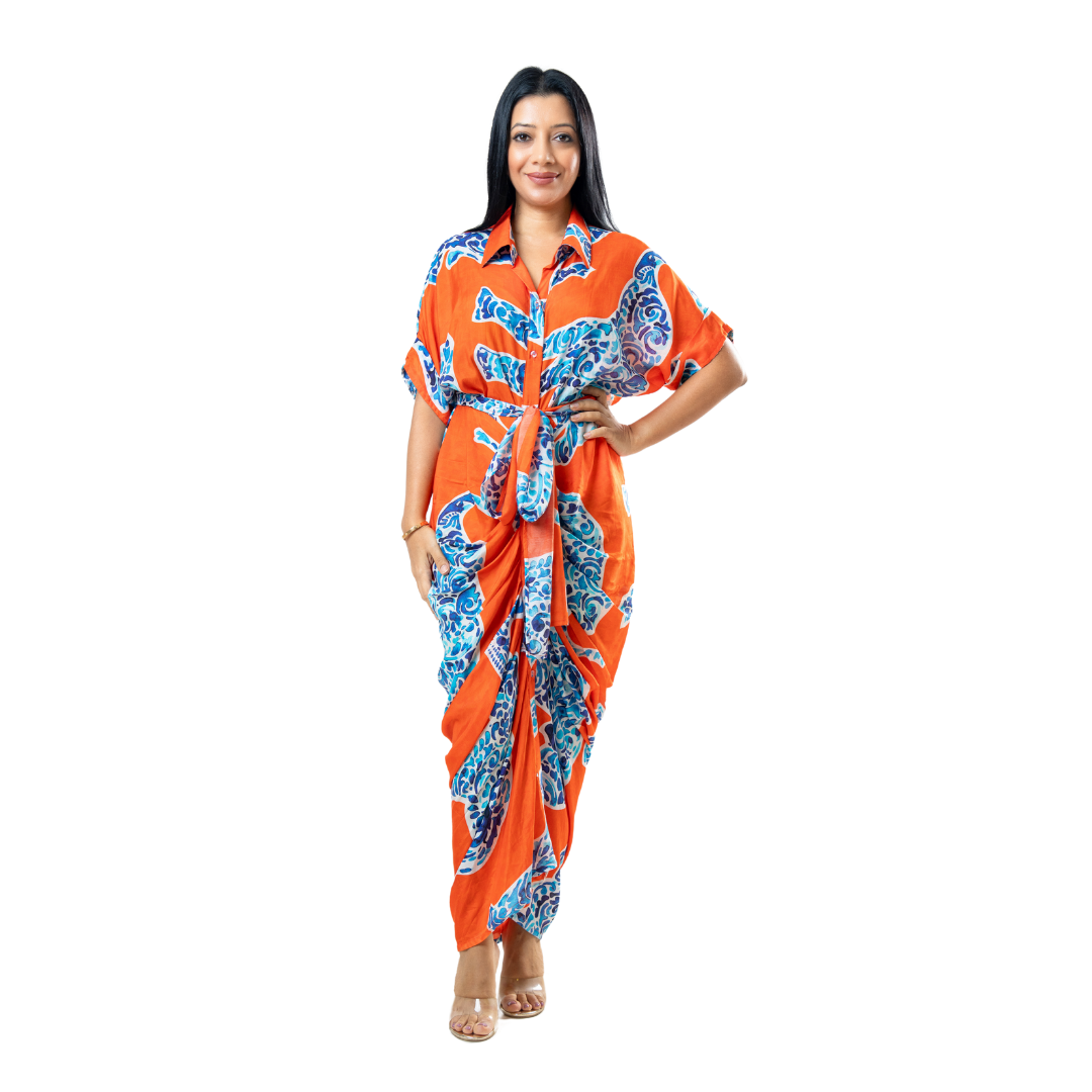 Tie up dress with blue elephant