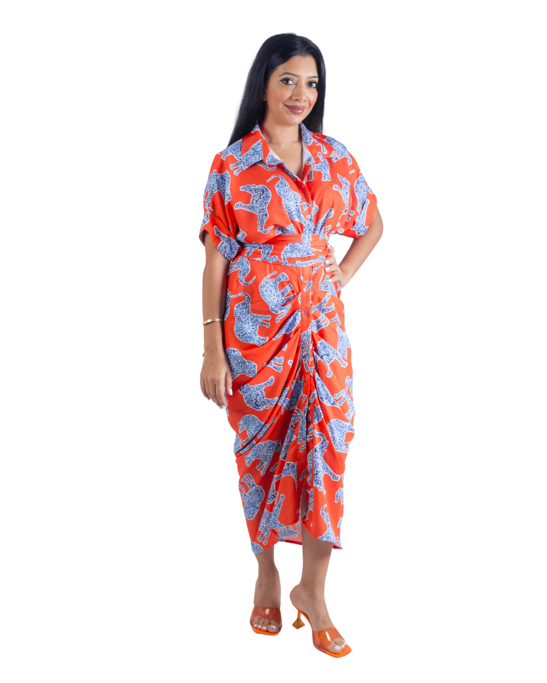 Elephant Print Orange  Tie Up Dress