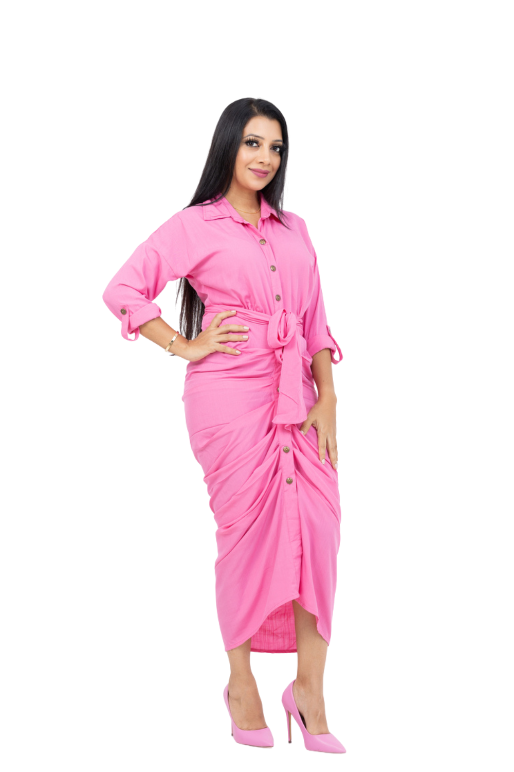 Long Sleeve Tie Up Dress Pink