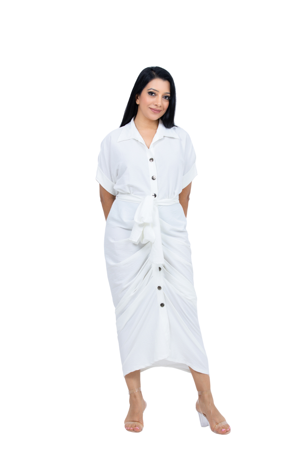 AY0063 Short Sleeve White Tie Up Dress