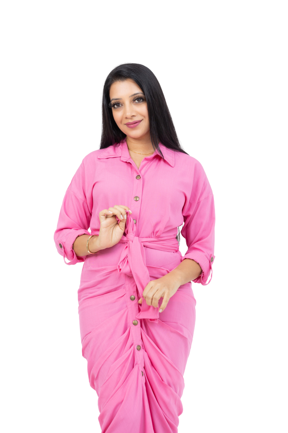 Long Sleeve Tie Up Dress Pink