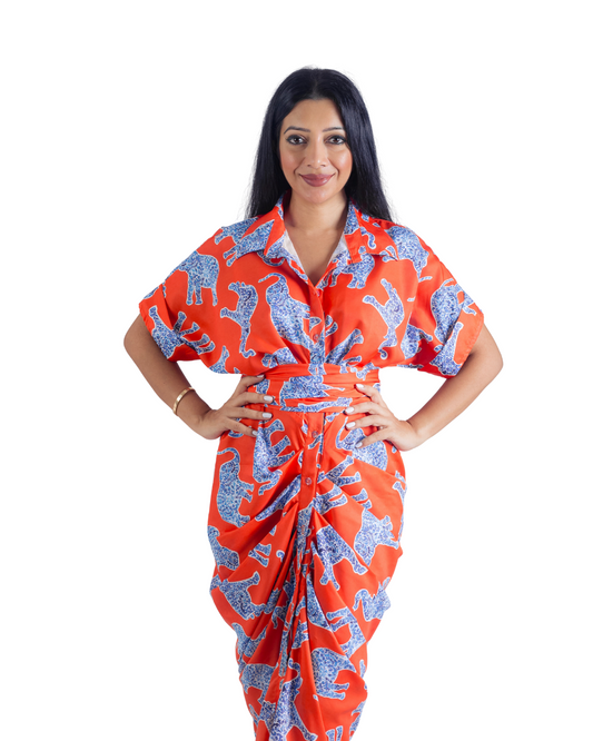 Elephant Print Orange  Tie Up Dress