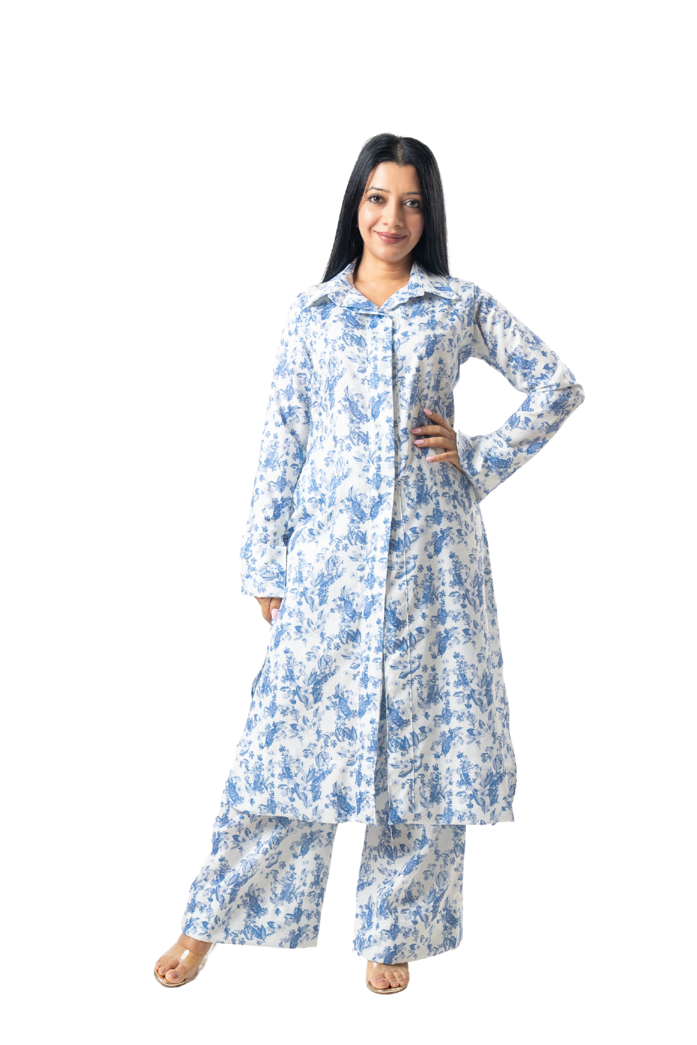 Blue Floral Long Shirt and Pant