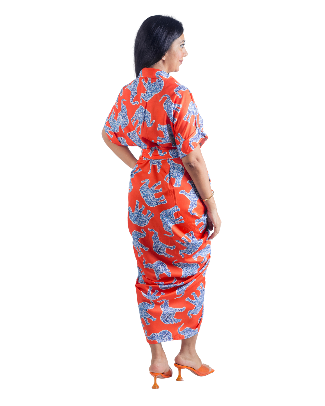 Elephant Print Orange  Tie Up Dress
