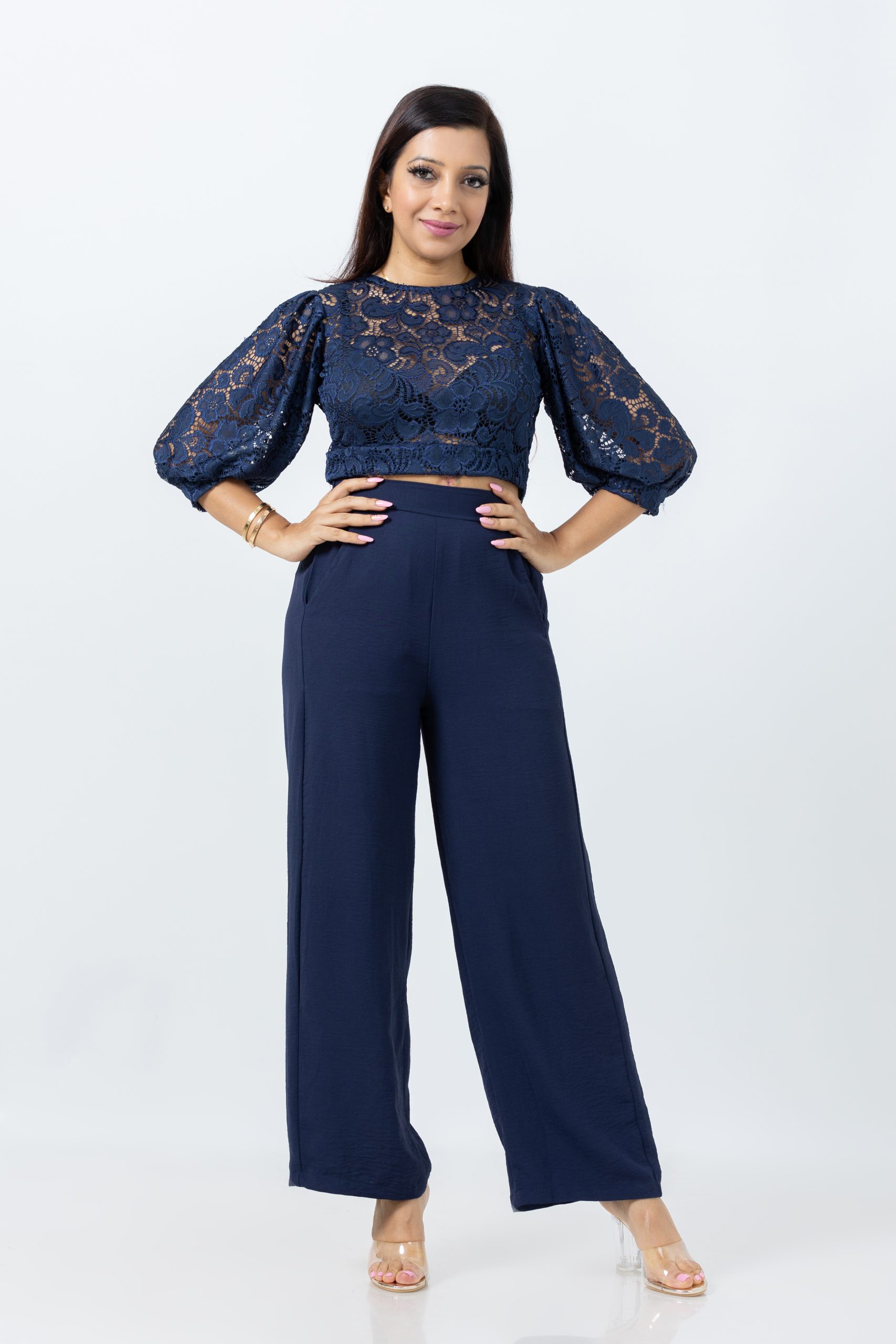 Blue Lace Top with Puff Sleeves - AYOO51 - Ayendra